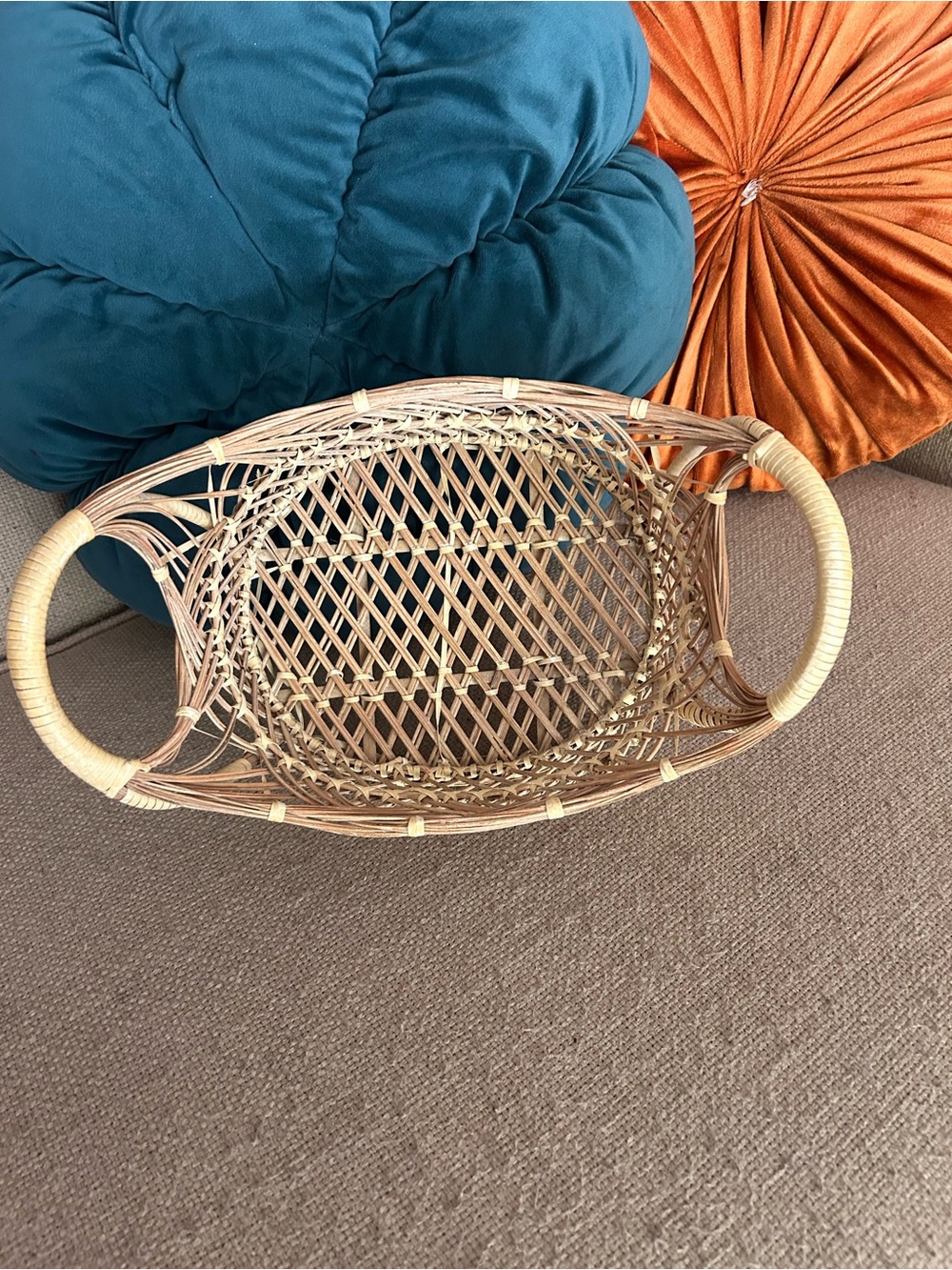Oval Wicker Decorative Basket Handles Beige/Brown Rustic Farmhouse Cottage Boho